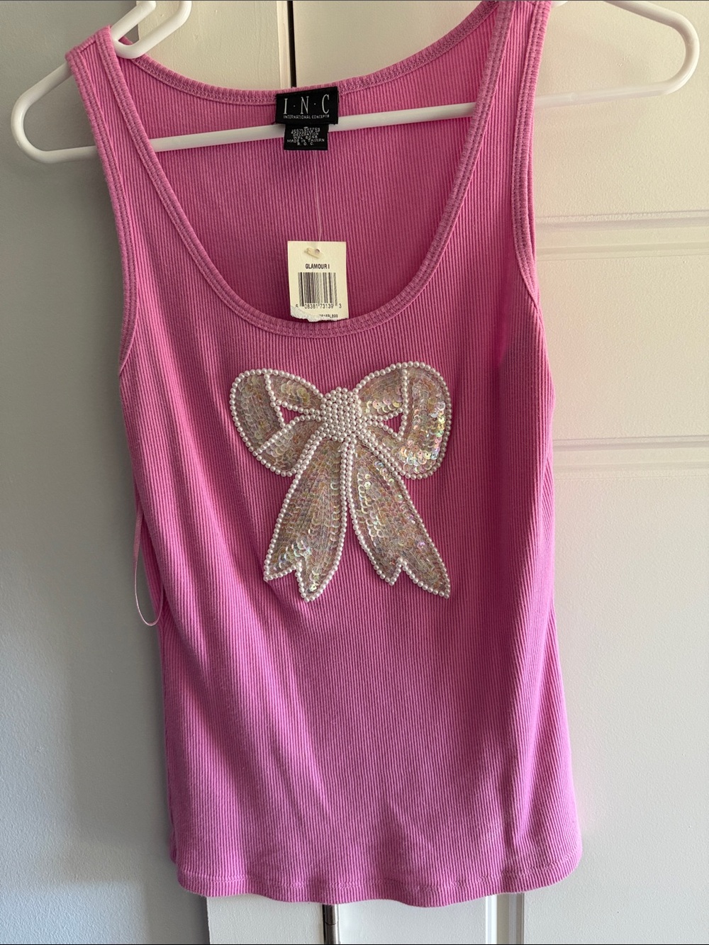 INC International Concepts Pink Ribbed Tank with Sequined Pearl Bow